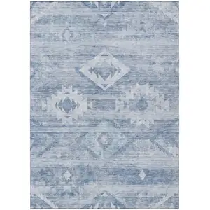 Photo of Denim Blue And Sky Blue Southwestern Washable Indoor Outdoor Area Rug
