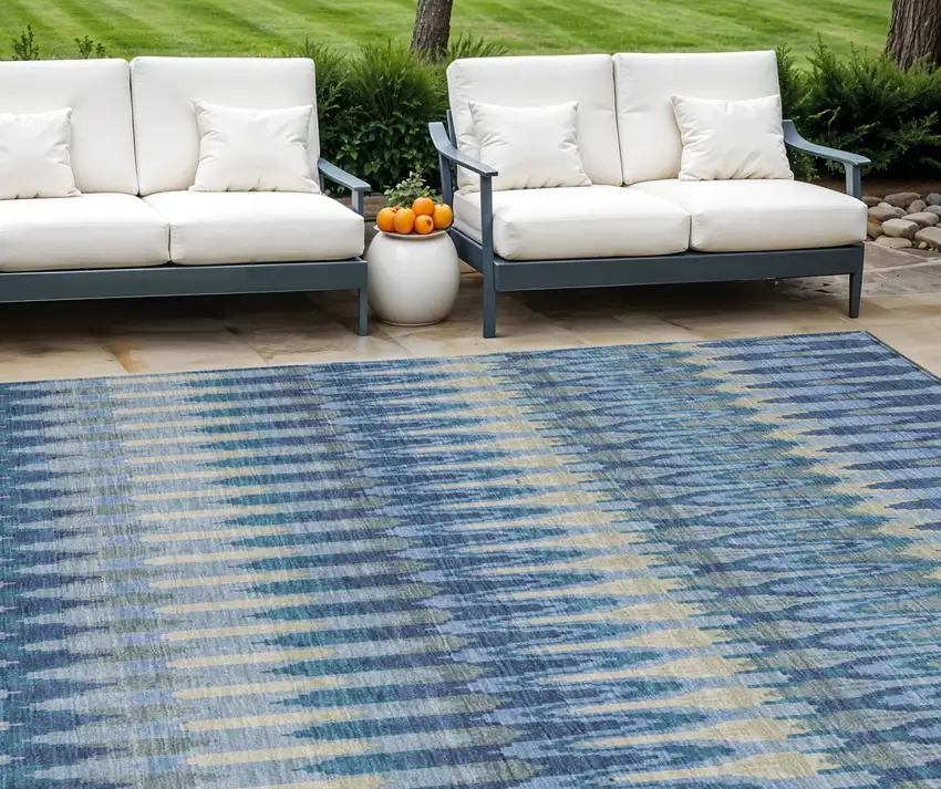 Denim Blue And Sky Blue Southwestern Washable Indoor Outdoor Area Rug Photo 1