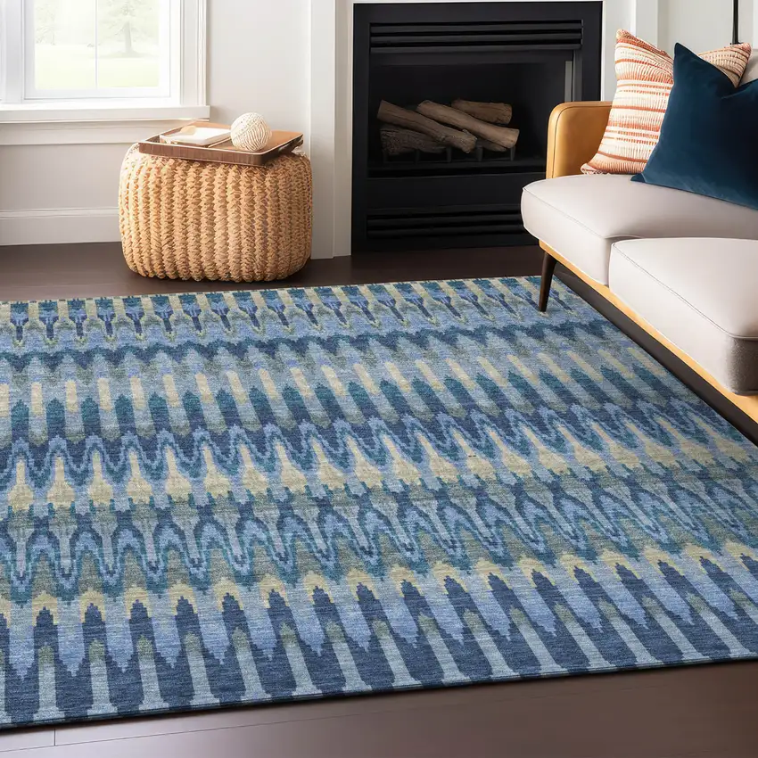 Denim Blue And Sky Blue Southwestern Washable Indoor Outdoor Area Rug Photo 9