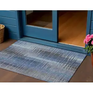 Photo of Denim Blue And Sky Blue Striped Washable Indoor Outdoor Area Rug
