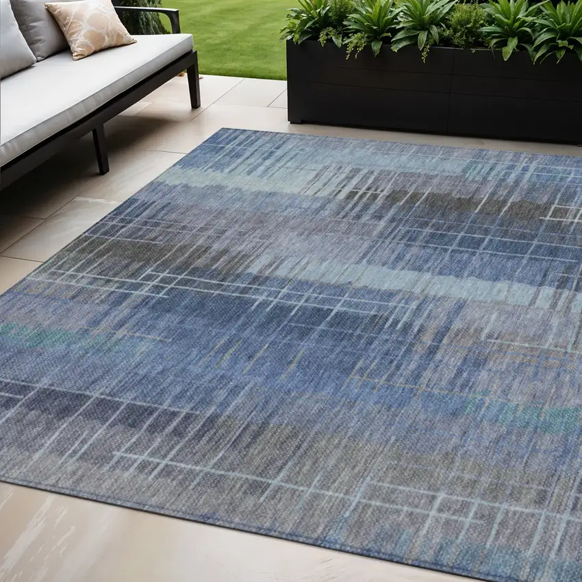 Denim Blue And Sky Blue Striped Washable Indoor Outdoor Area Rug Photo 1