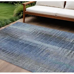 Photo of Denim Blue And Sky Blue Striped Washable Indoor Outdoor Area Rug