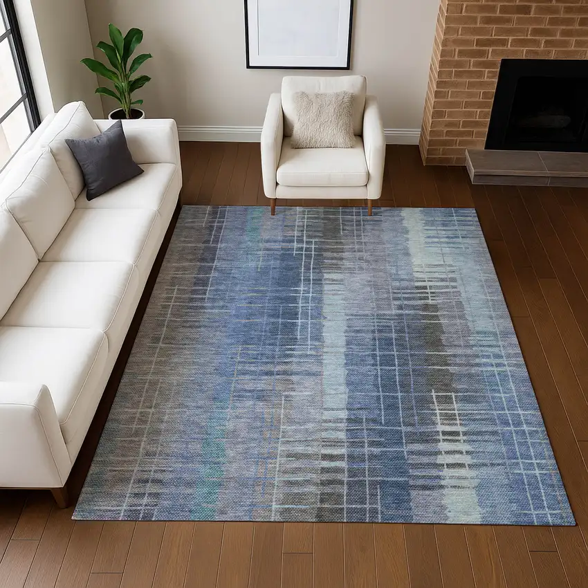 Denim Blue And Sky Blue Striped Washable Indoor Outdoor Area Rug Photo 8