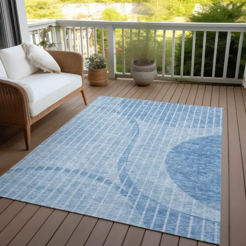 Denim Blue And Sky Blue Striped Washable Indoor Outdoor Area Rug Photo 6