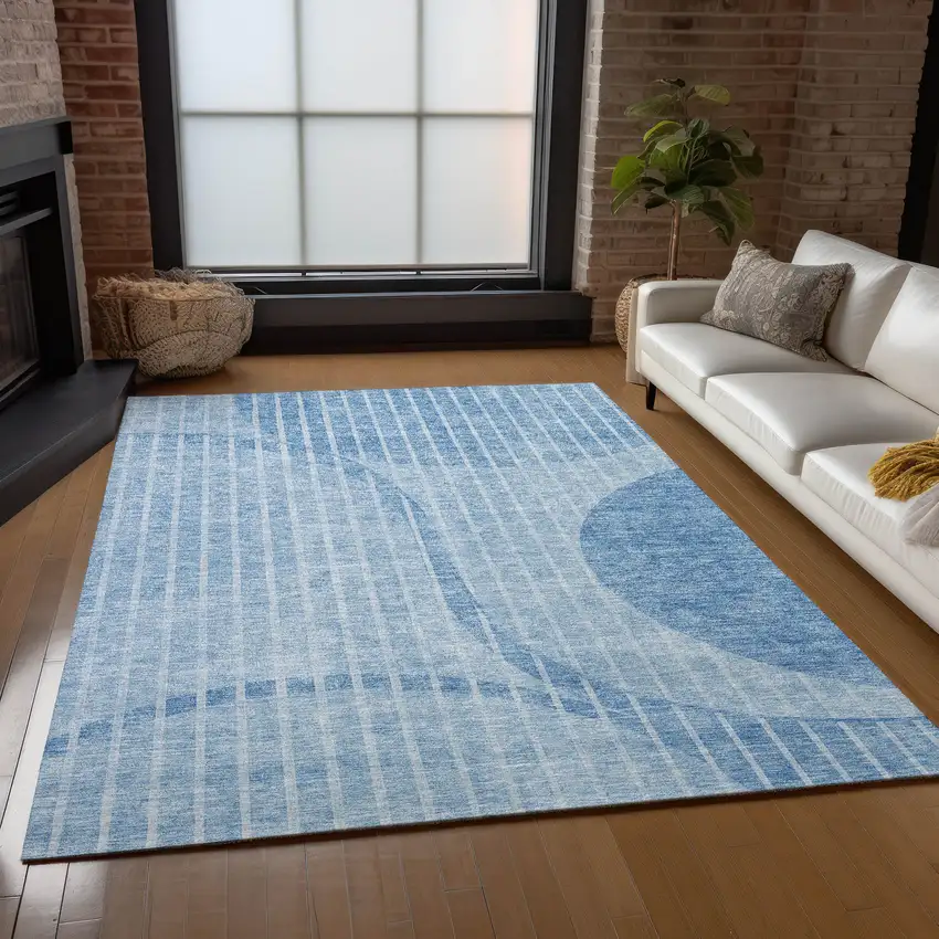 Denim Blue And Sky Blue Striped Washable Indoor Outdoor Area Rug Photo 8