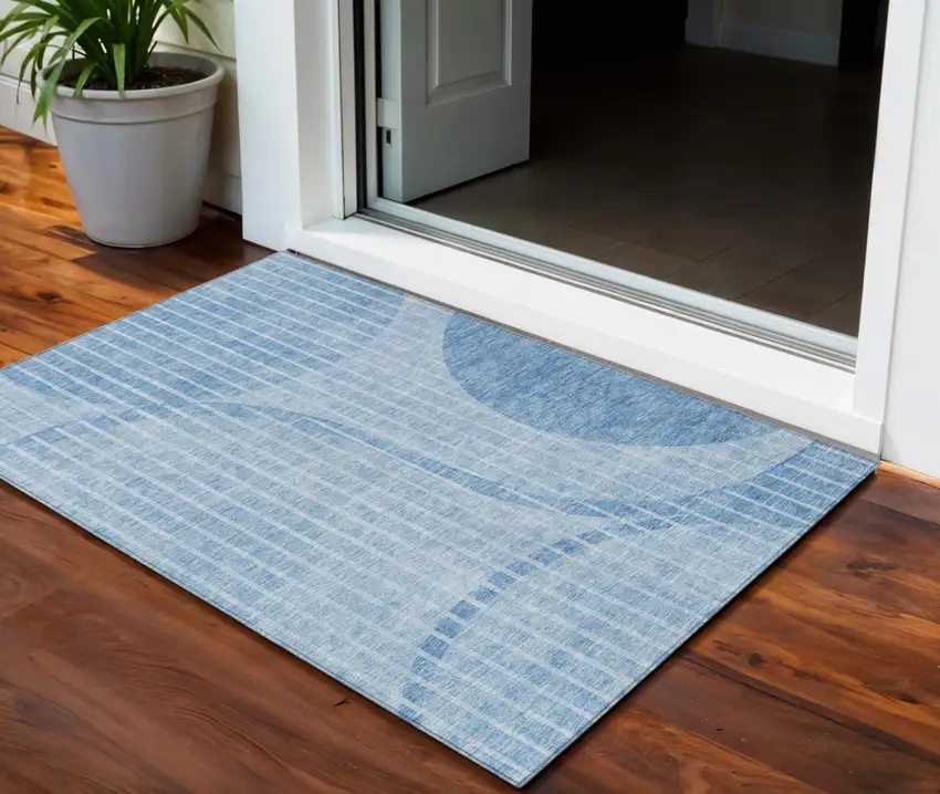 Denim Blue And Sky Blue Striped Washable Indoor Outdoor Area Rug Photo 1