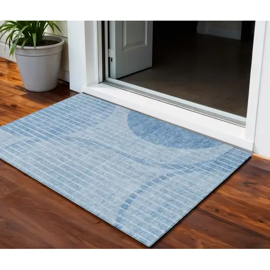 Denim Blue And Sky Blue Striped Washable Indoor Outdoor Area Rug Photo 1