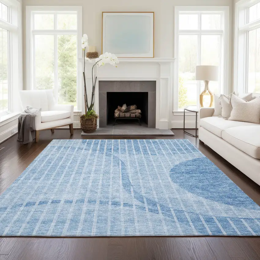 Denim Blue And Sky Blue Striped Washable Indoor Outdoor Area Rug Photo 7