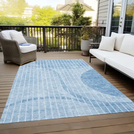 Denim Blue And Sky Blue Striped Washable Indoor Outdoor Area Rug Photo 9