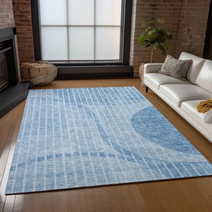 Denim Blue And Sky Blue Striped Washable Indoor Outdoor Area Rug Photo 8