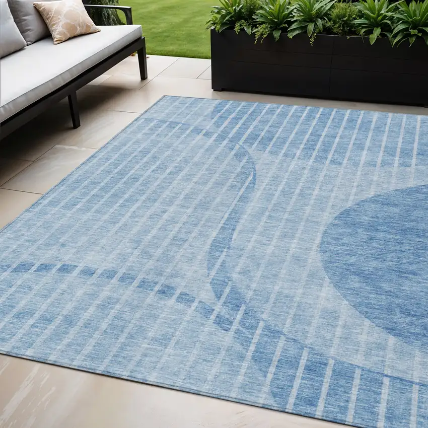 Denim Blue And Sky Blue Striped Washable Indoor Outdoor Area Rug Photo 1