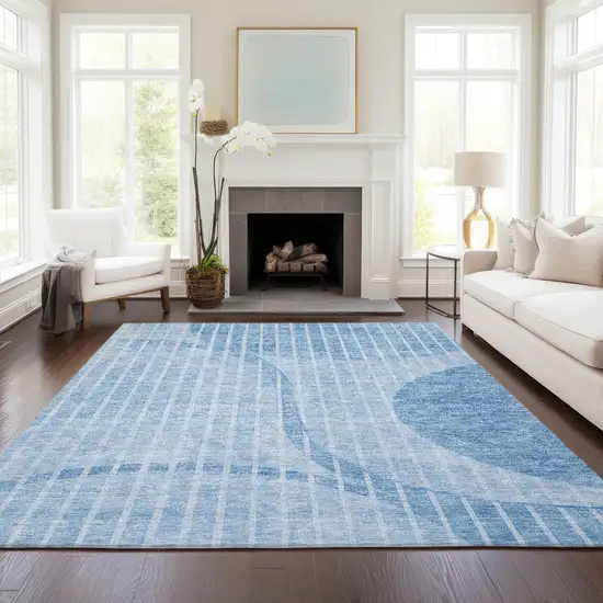 Denim Blue And Sky Blue Striped Washable Indoor Outdoor Area Rug Photo 7