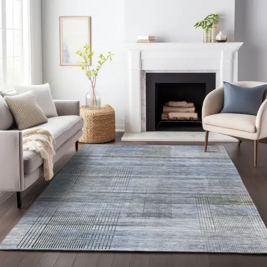 Denim Blue And Sky Blue Striped Washable Indoor Outdoor Area Rug Photo 9