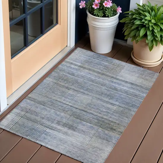 Denim Blue And Sky Blue Striped Washable Indoor Outdoor Area Rug Photo 1