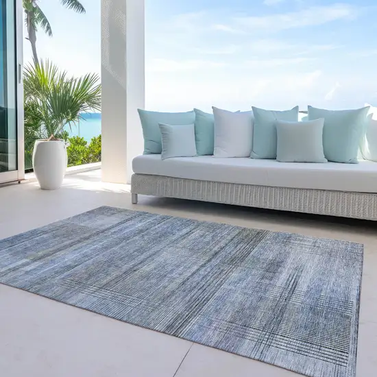 Denim Blue And Sky Blue Striped Washable Indoor Outdoor Area Rug Photo 8