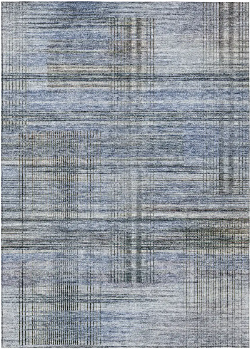Denim Blue And Sky Blue Striped Washable Indoor Outdoor Area Rug Photo 2
