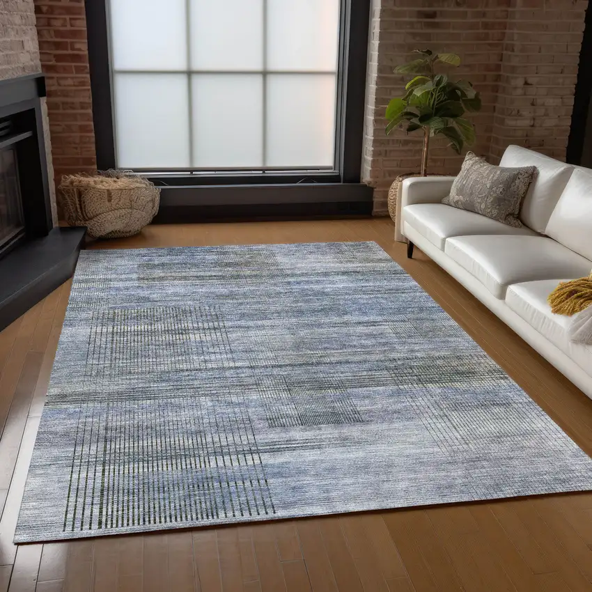 Denim Blue And Sky Blue Striped Washable Indoor Outdoor Area Rug Photo 9