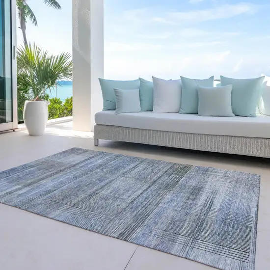 Denim Blue And Sky Blue Striped Washable Indoor Outdoor Area Rug Photo 8