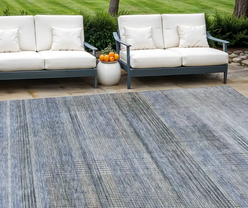 Denim Blue And Sky Blue Striped Washable Indoor Outdoor Area Rug Photo 1