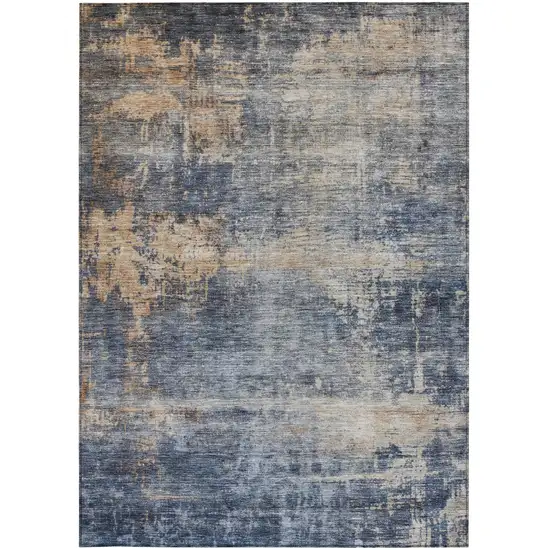 Denim Blue And Tan Abstract Washable Indoor Outdoor Area Rug Photo 7