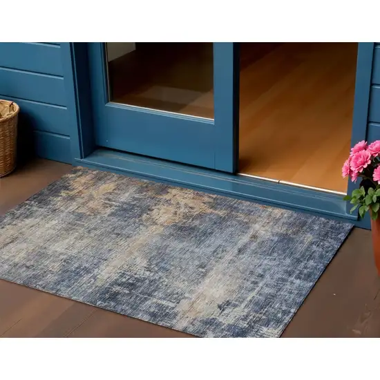 Denim Blue And Tan Abstract Washable Indoor Outdoor Area Rug Photo 1