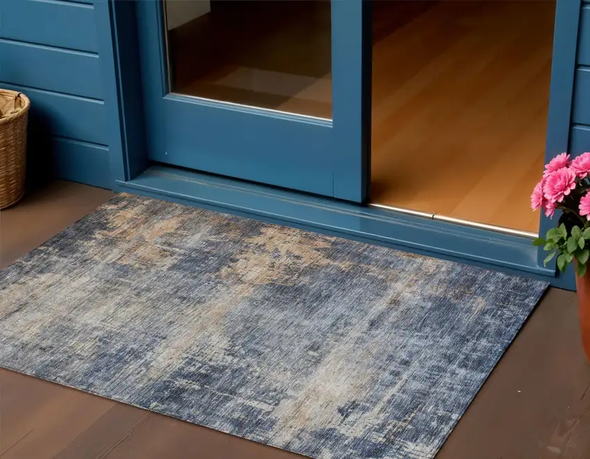 Denim Blue And Tan Abstract Washable Indoor Outdoor Area Rug Photo 1
