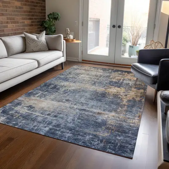 Denim Blue And Tan Abstract Washable Indoor Outdoor Area Rug Photo 8