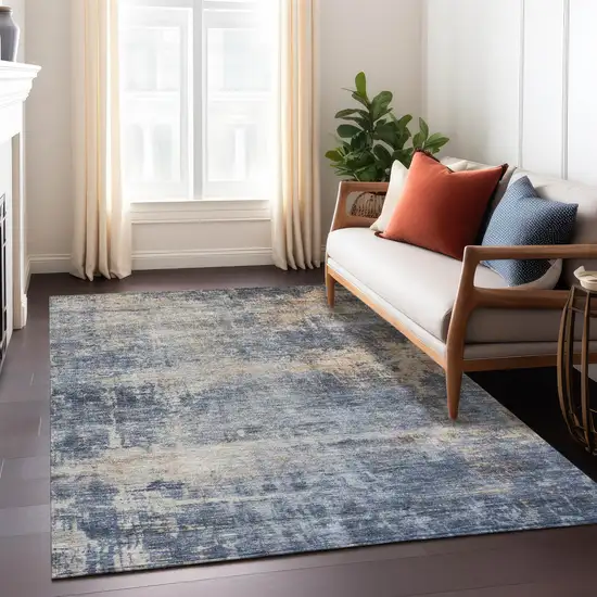 Denim Blue And Tan Abstract Washable Indoor Outdoor Area Rug Photo 9