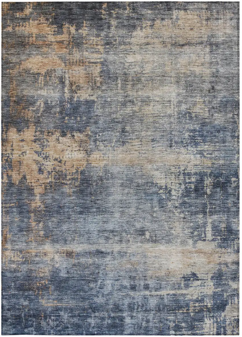 Denim Blue And Tan Abstract Washable Indoor Outdoor Area Rug Photo 6