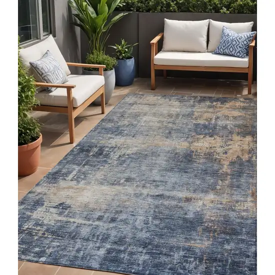 Denim Blue And Tan Abstract Washable Indoor Outdoor Area Rug Photo 1