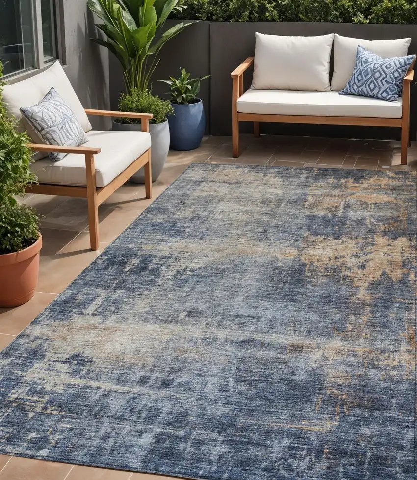 Denim Blue And Tan Abstract Washable Indoor Outdoor Area Rug Photo 1