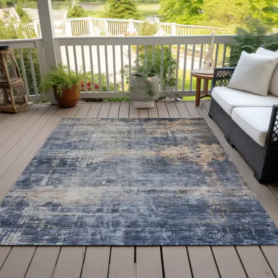 Denim Blue And Tan Abstract Washable Indoor Outdoor Area Rug Photo 9