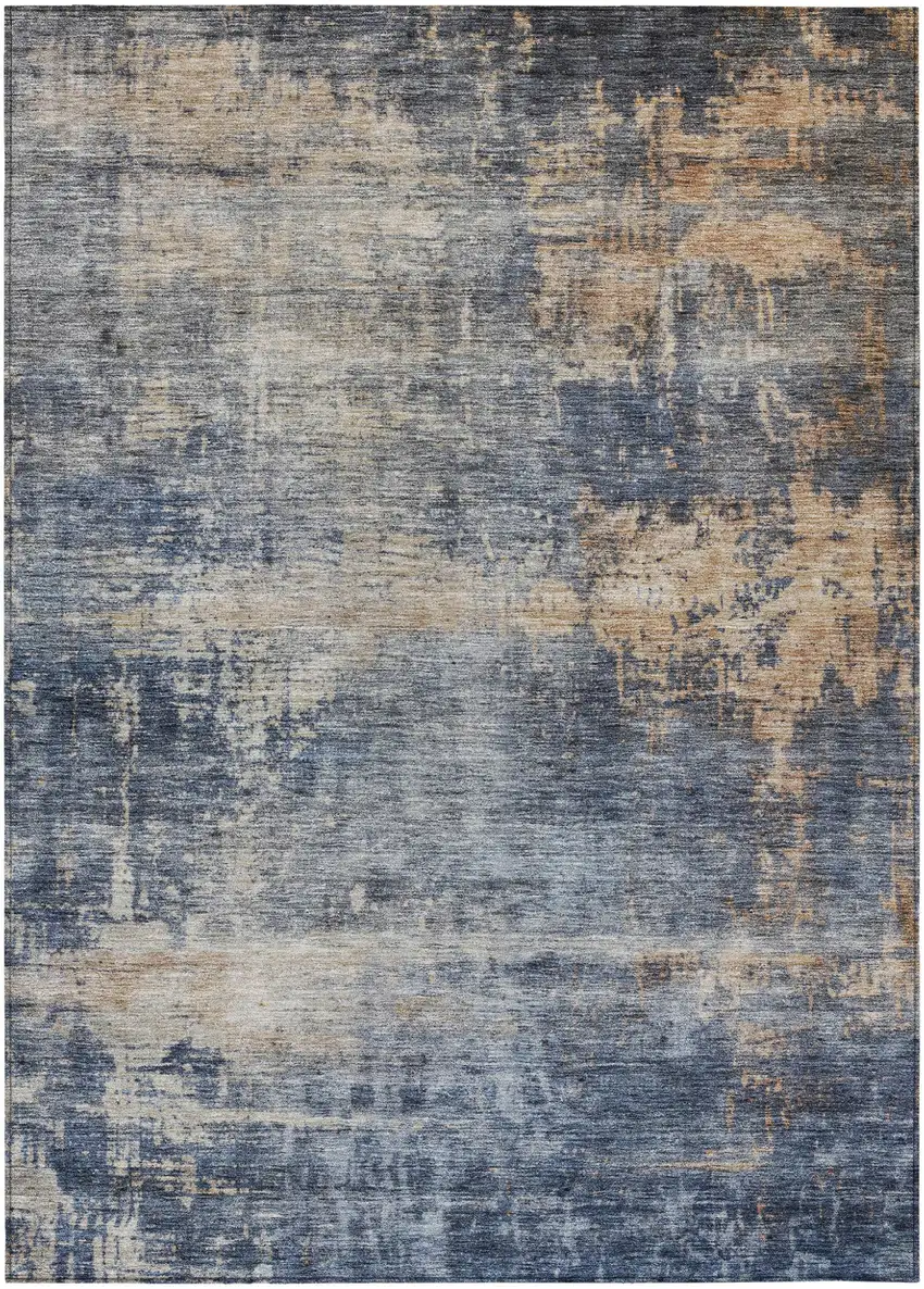 Denim Blue And Tan Abstract Washable Indoor Outdoor Area Rug Photo 2