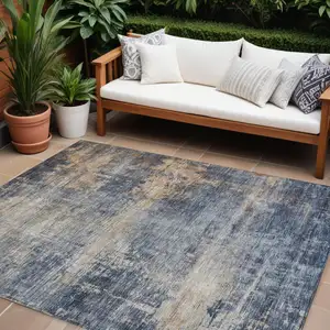 Photo of Denim Blue And Tan Abstract Washable Indoor Outdoor Area Rug