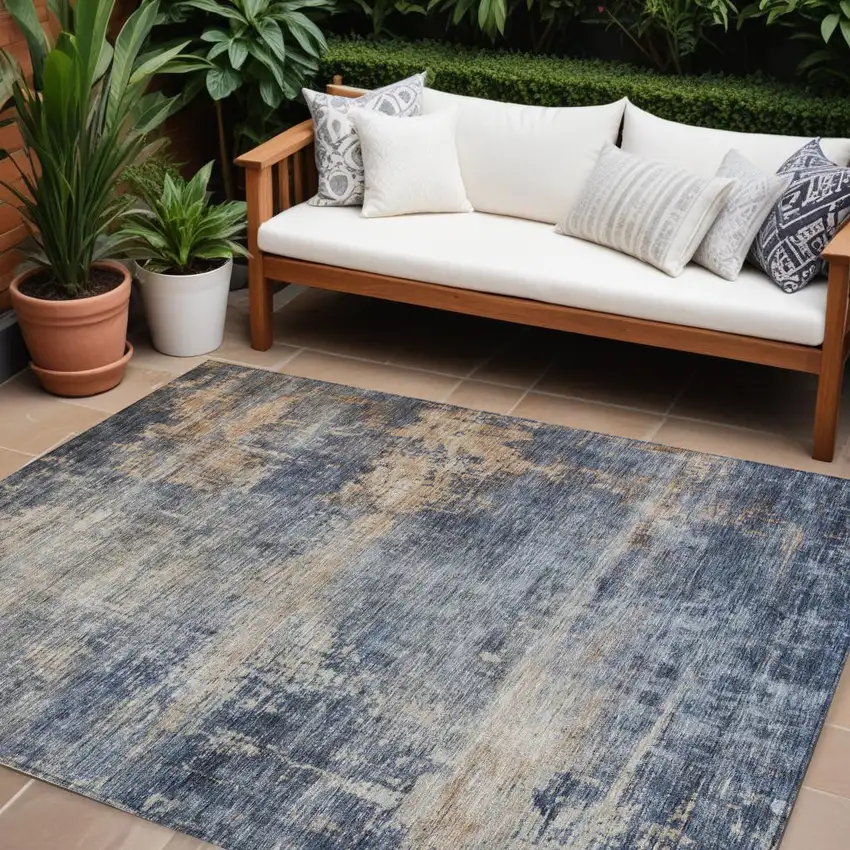 Denim Blue And Tan Abstract Washable Indoor Outdoor Area Rug Photo 1
