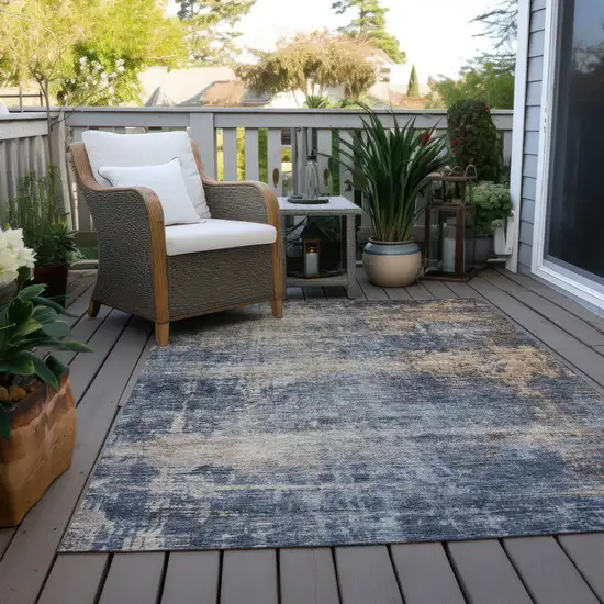 Denim Blue And Tan Abstract Washable Indoor Outdoor Area Rug Photo 8