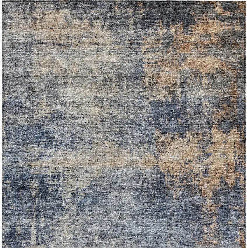 Denim Blue And Tan Abstract Washable Indoor Outdoor Area Rug Photo 7