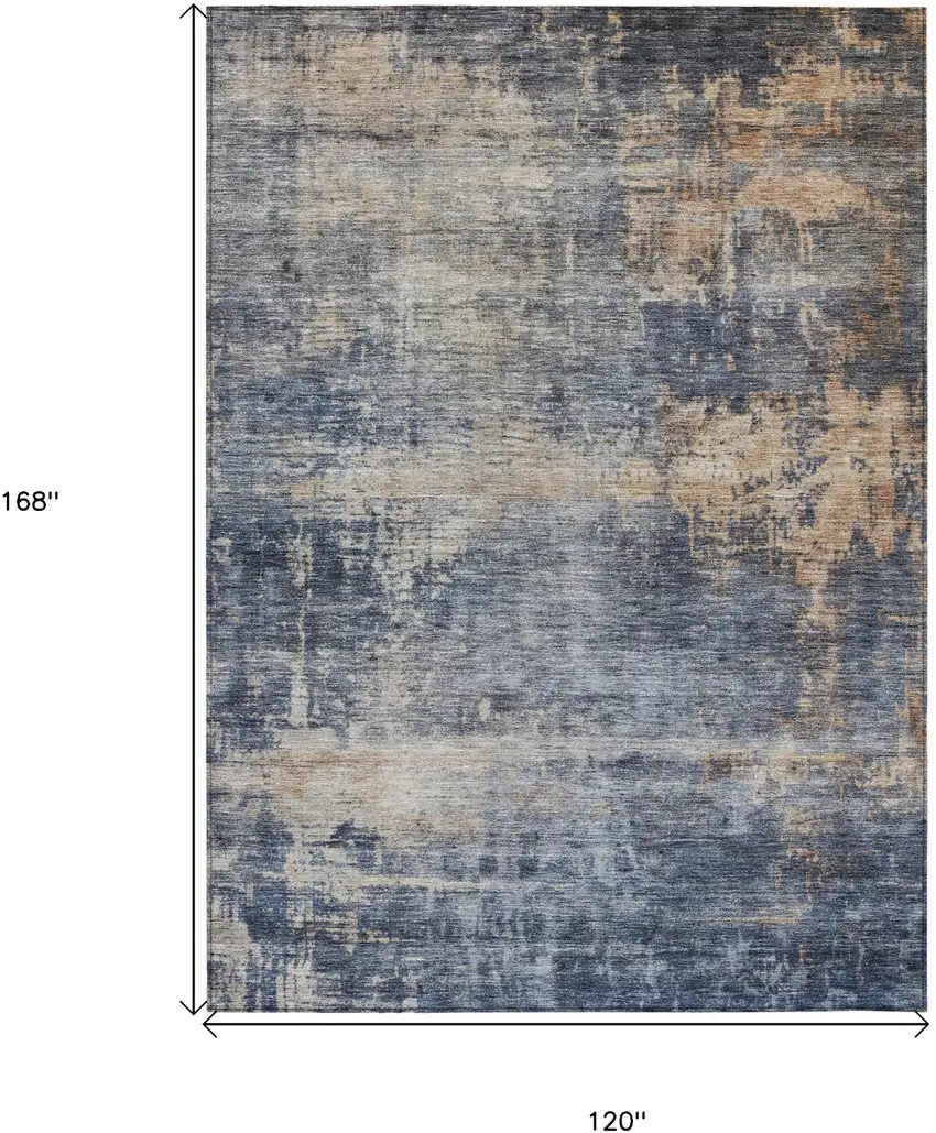 Denim Blue And Tan Abstract Washable Indoor Outdoor Area Rug Photo 3