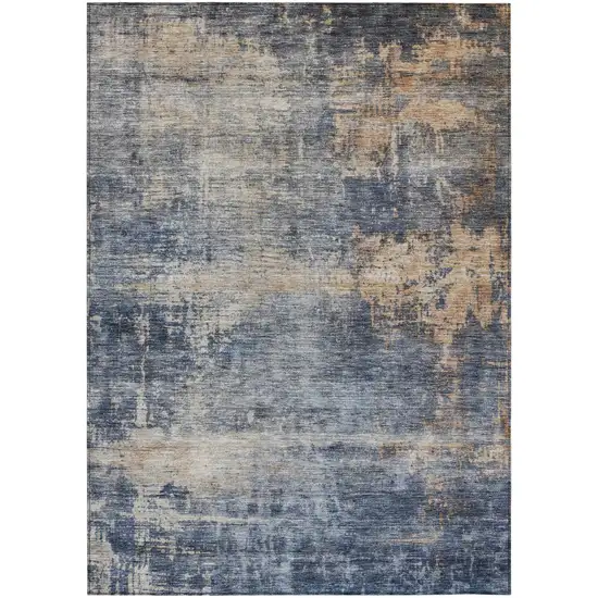 Denim Blue And Tan Abstract Washable Indoor Outdoor Area Rug Photo 2
