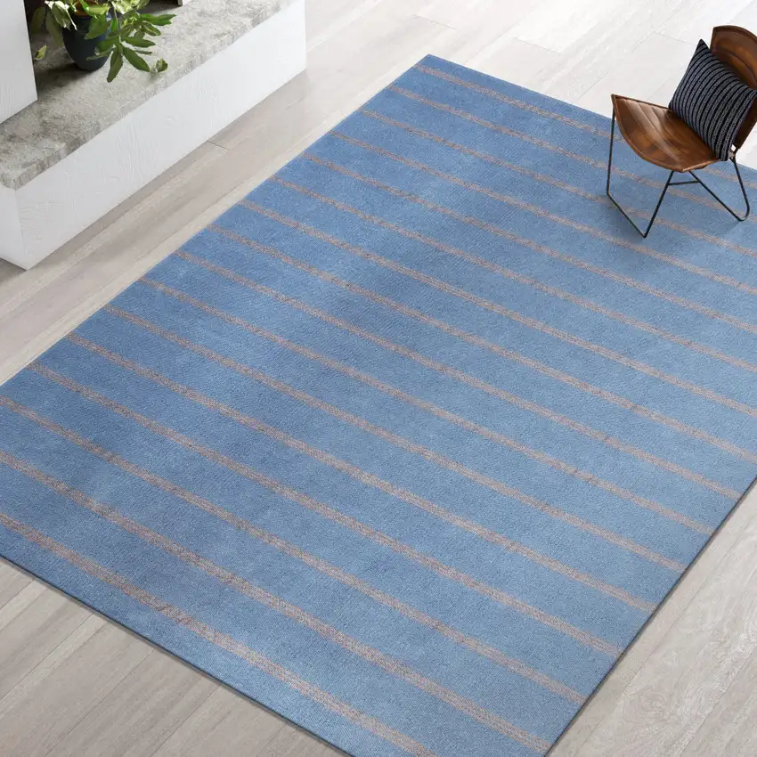 Denim Blue And Tan Striped Hand Woven Square Rug Photo 8