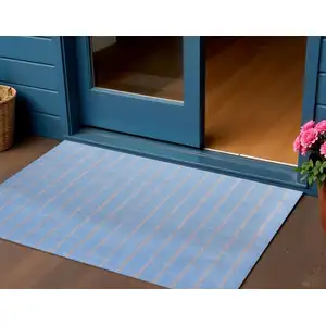 Photo of Denim Blue And Tan Striped Hand Woven Square Rug