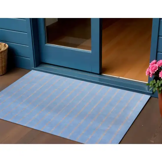 Denim Blue And Tan Striped Hand Woven Square Rug Photo 1