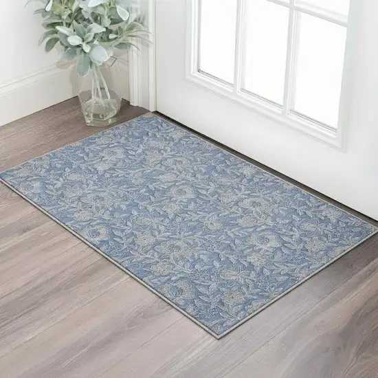 Denim Blue And Taupe Floral Washable Area Rug With UV Protection Photo 2