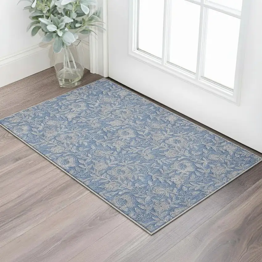 Denim Blue And Taupe Floral Washable Area Rug With UV Protection Photo 2
