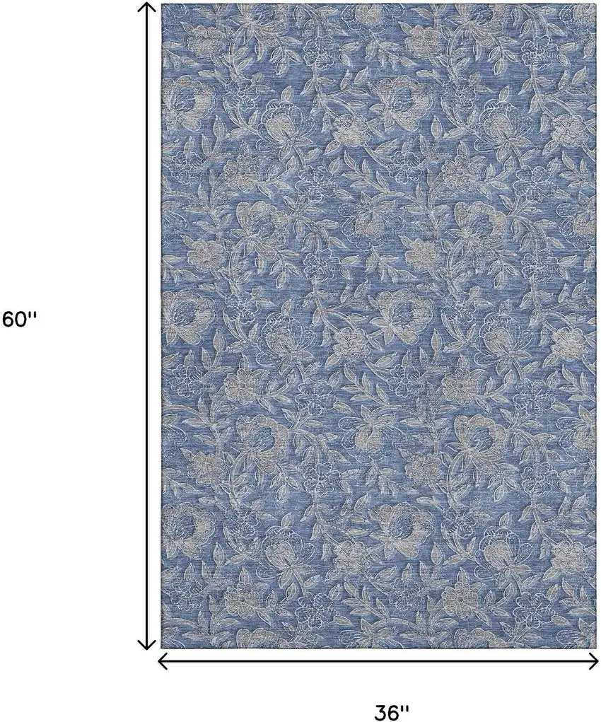 Denim Blue And Taupe Floral Washable Area Rug With UV Protection Photo 3