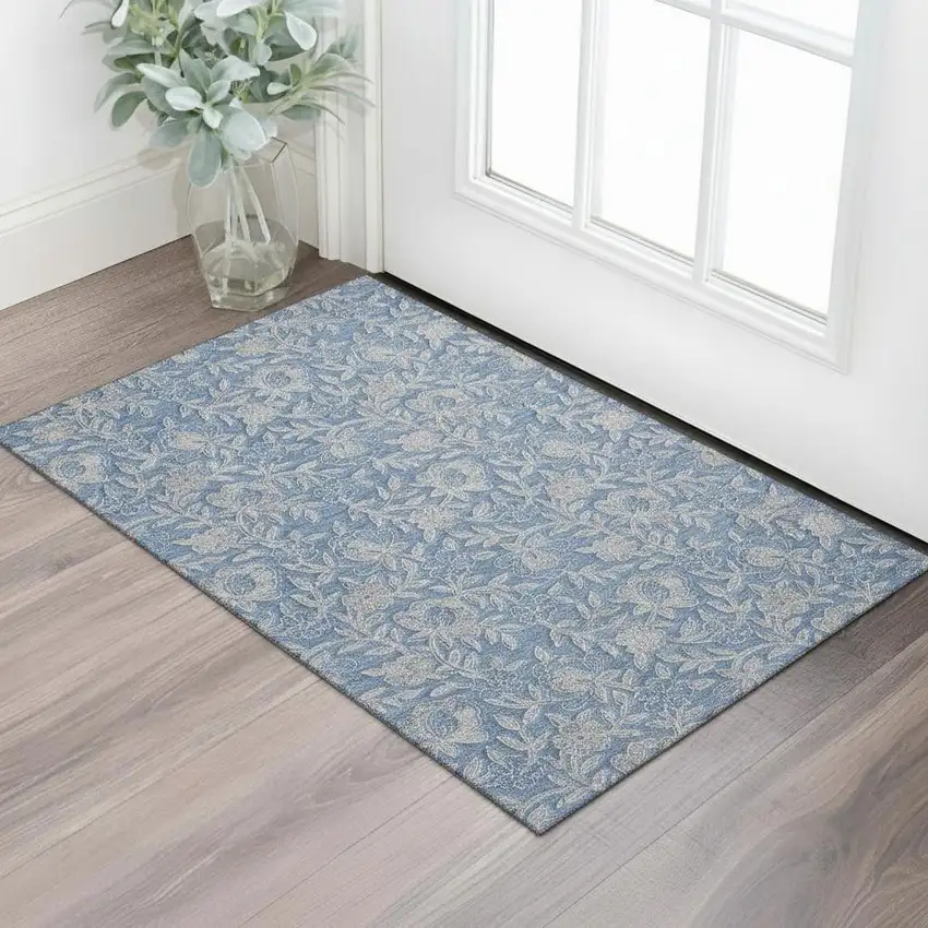 Denim Blue And Taupe Floral Washable Area Rug With UV Protection Photo 1