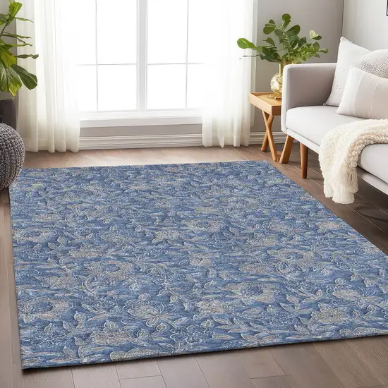 Denim Blue And Taupe Floral Washable Area Rug With UV Protection Photo 6