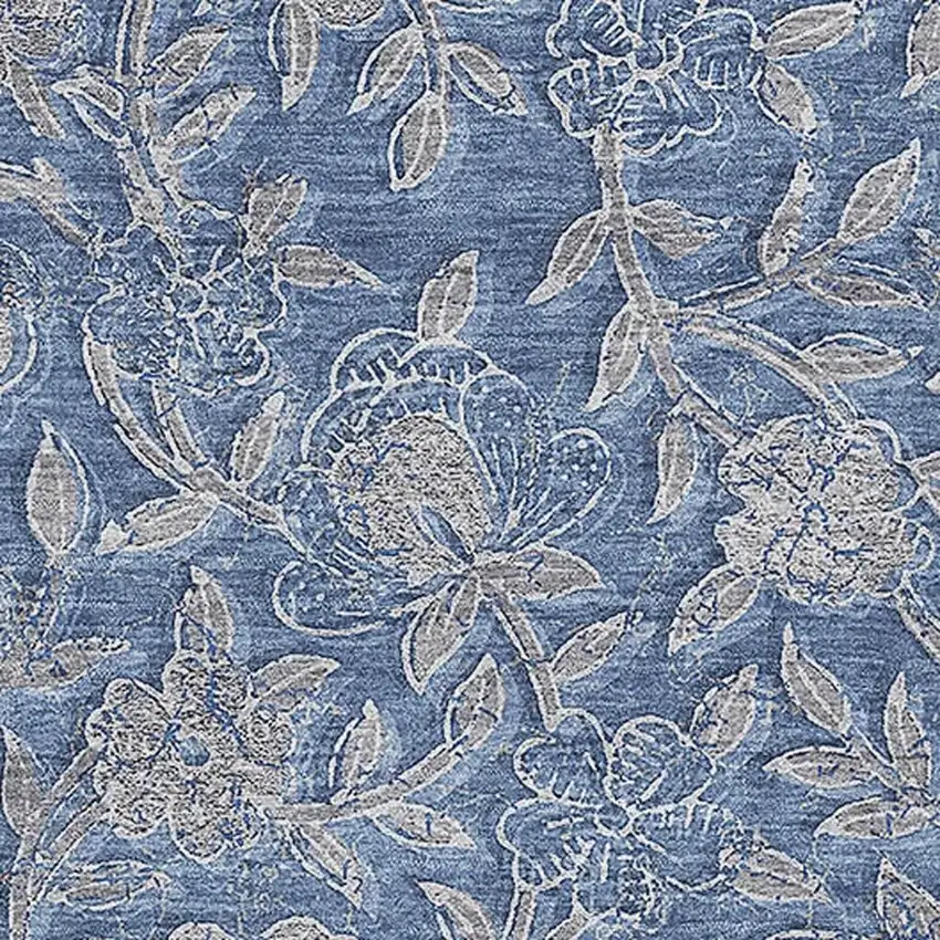 Denim Blue And Taupe Floral Washable Area Rug With UV Protection Photo 3