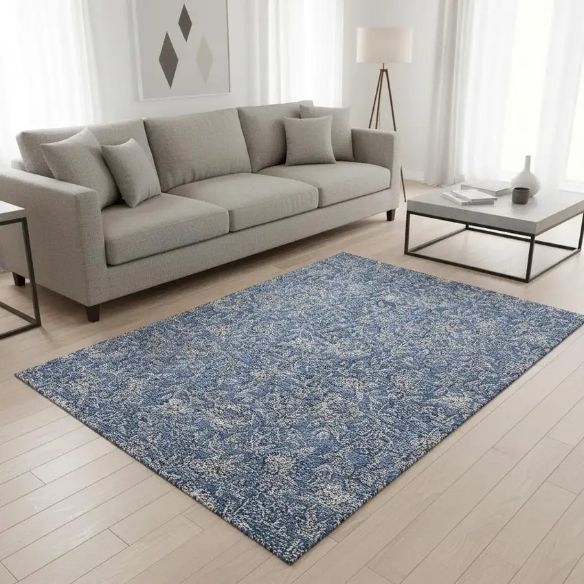 Denim Blue And Taupe Floral Washable Area Rug With UV Protection Photo 2
