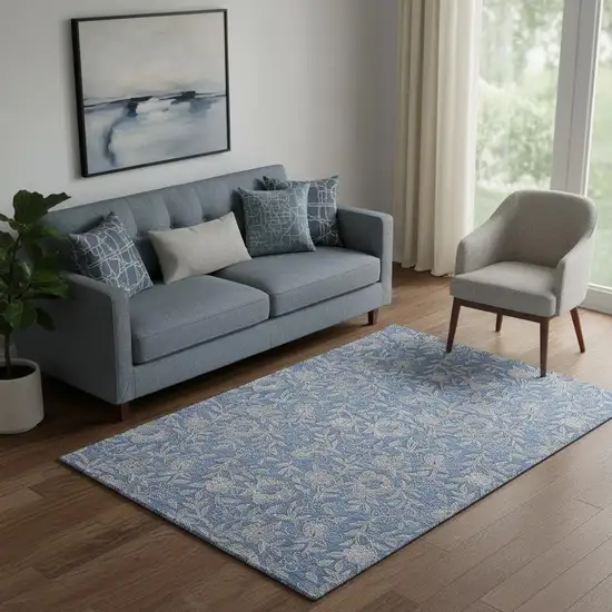 Denim Blue And Taupe Floral Washable Area Rug With UV Protection Photo 1